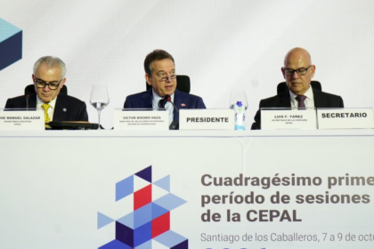 Tres panelistas ante señalética de la Cepal y placas de cargos públicos.
