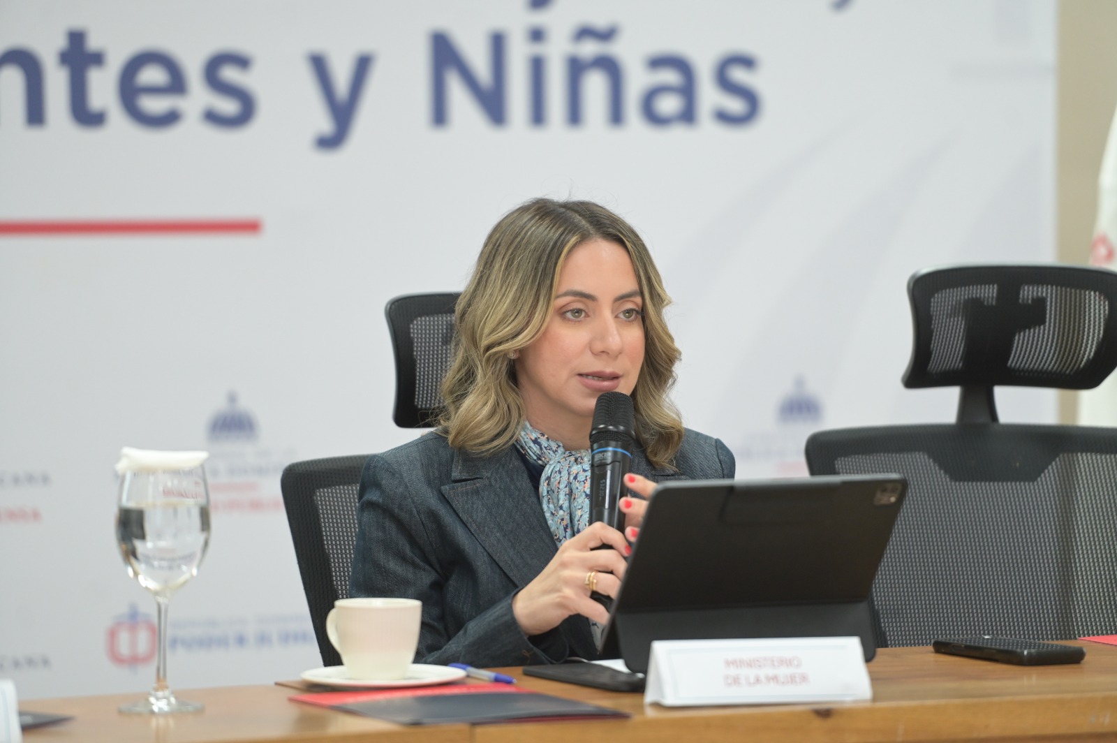 Portavoz con micrófono en una mesa del Ministerio de la Mujer.