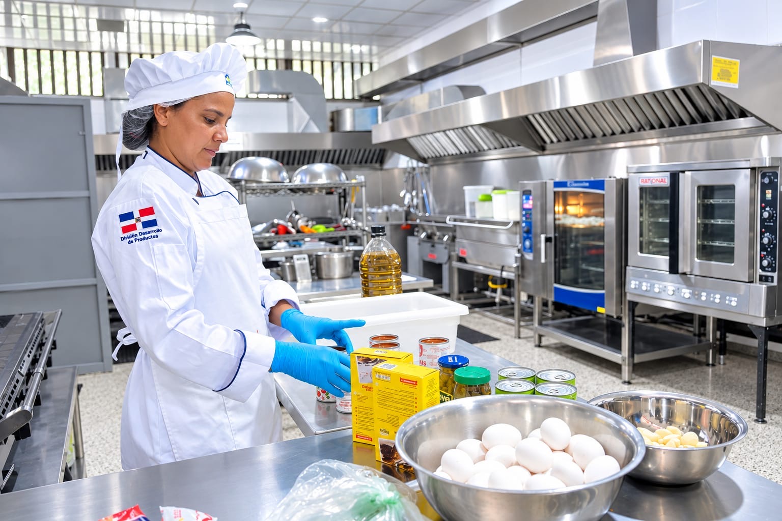 Persona con uniforme de cocina prepara ingredientes en una instalación profesional.